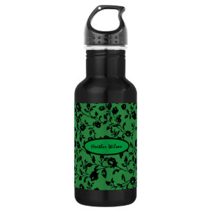 Botella de agua gótica floral verde negra con nomb