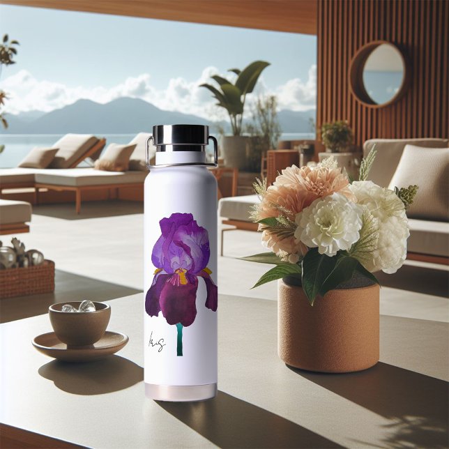 Botella De Agua Gourde bouteille fleur iris violet aquarelle (Bouteille d'eau iris violette aquarelle)