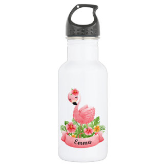 Botella De Agua Gourde Flamant Rose Fleurs Personnalisée Enfant