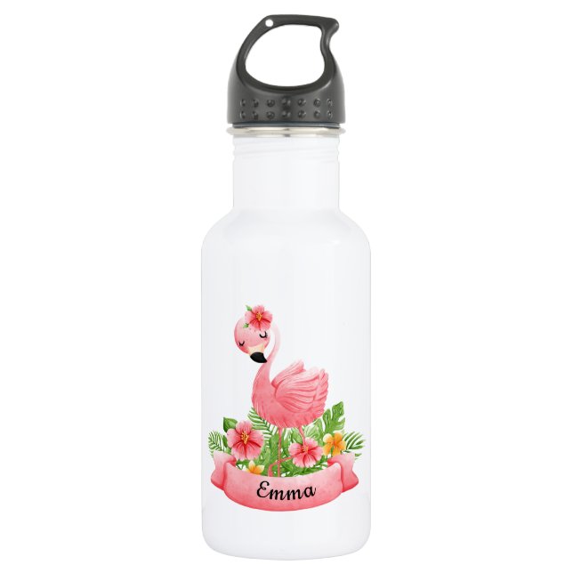Botella De Agua Gourde Flamant Rose Fleurs Personnalisée Enfant (Anverso)