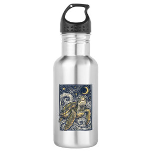 Botella De Agua Grabado Antiguo Tortuga Marina Noche Estrellada