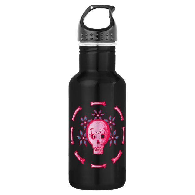 Botella De Agua Gracioso Skull Rosa Halloween Whimsigoth (Anverso)