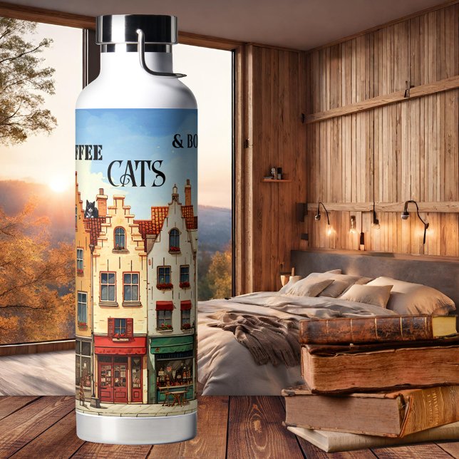 Botella De Agua Graciosos Libros de café de Lady Cat Lady 22oz (22 oz Water bottle featuring a cute artistic city scene with several cats - books coffee)