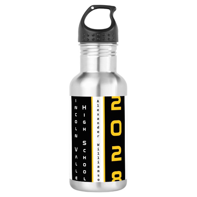 Botella De Agua Graduación Moderna de Negro y Dorado (Anverso)