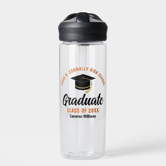 Botella De Agua Graduación personalizada de graduado negro naranja (Delante)