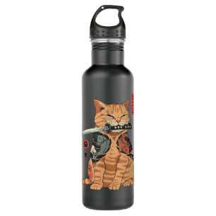 Botella De Agua Gráfico del gato japonés samurai Ninja Kawaii Tatt