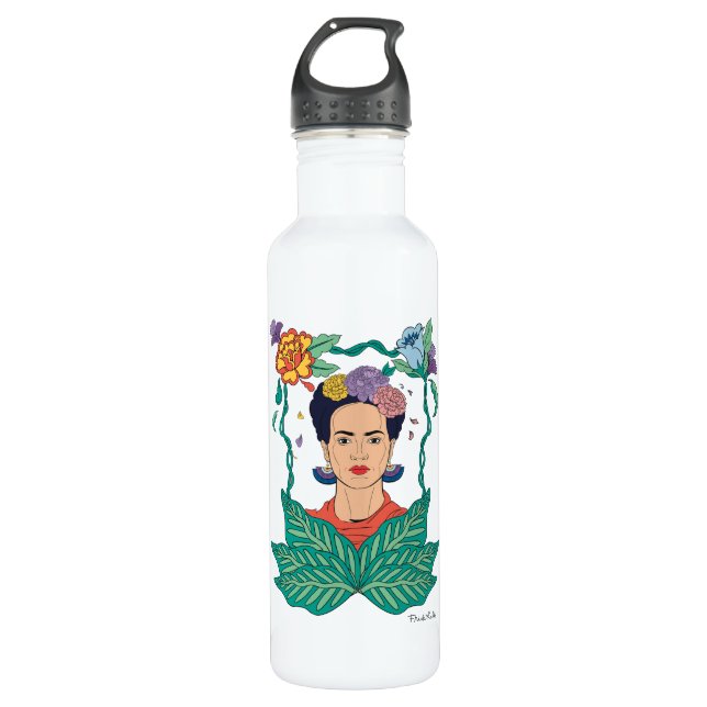 Botella De Agua Gráfico del marco floral de Frida Kahlo (Anverso)