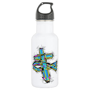 Botella De Agua Gráfico del vitral de la cruz y de los pescados