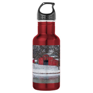 Botella De Agua Granero Rojo En Agua De Acero Inoxidable Pintoresc