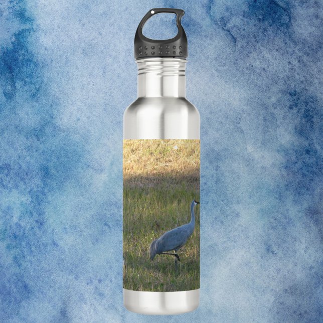 Botella De Agua Grasas de Sandhill comiendo fotos de hierba (A water bottle with a photograph of three sandhill crane birds eating grass.)