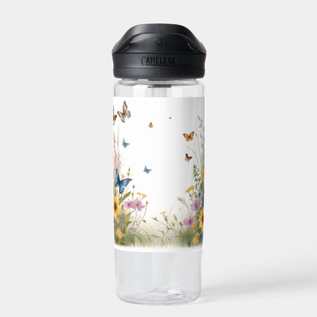 Botella De Agua Grasas Y Mariposas De Flores Silvestres De Acuarel (Atrás)