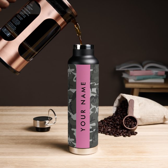 Botella De Agua Gray Camouflage Pattern, Your name, Personalize (Café)