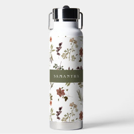 Botella De Agua Green Burgundy Wildflower Monogram Name