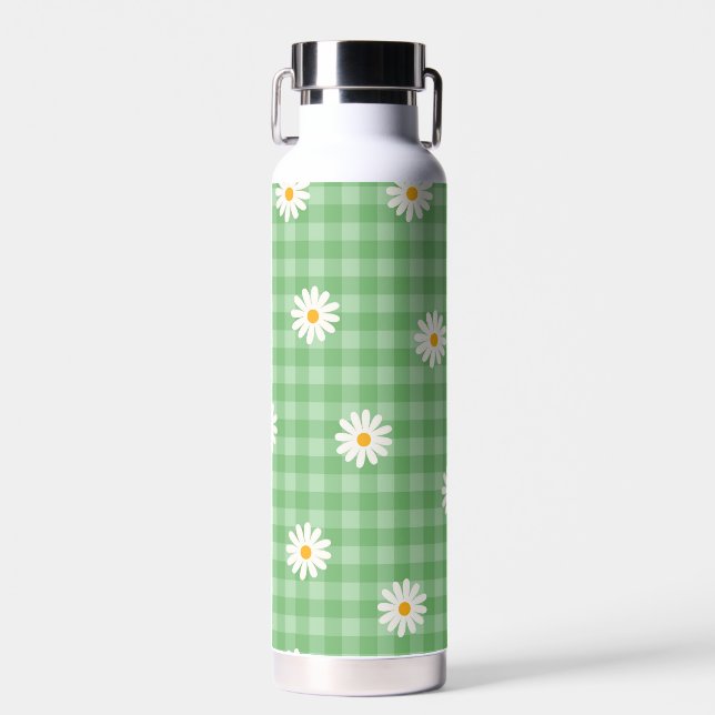 Botella De Agua Green Daisy Plaid Gingham Check Flower Pattern (Delantero)