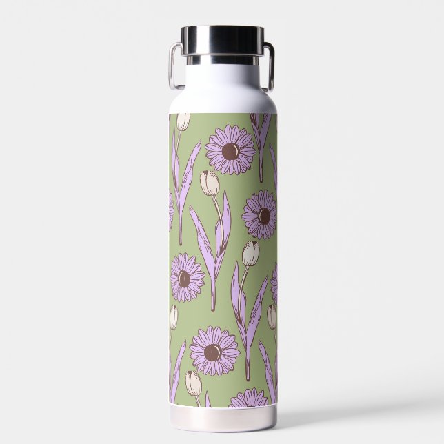 Botella De Agua Green Purple Retro Y2K Funky Hippie Flower Pattern (Delantero)