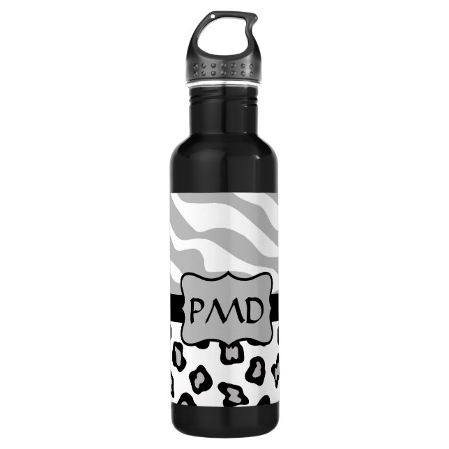 Botella De Agua Gris, blanco y negro Personalizado de piel de cebr (Anverso)