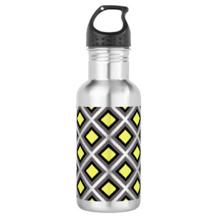 Botella De Agua Gris oscuro, negro, diamantes de ikat amarillo de 