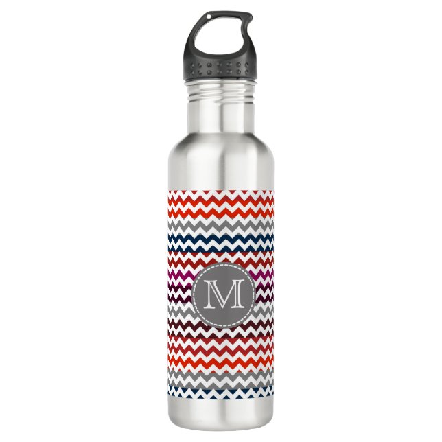 Botella De Agua Gris Rojo Gris Chevron Zigzag Monograma (Anverso)