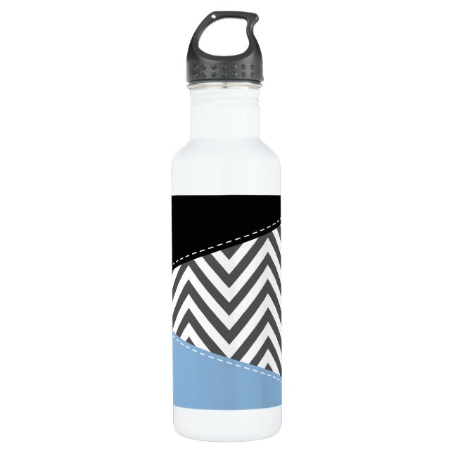 Botella De Agua Gris Zigzag, Gris Chevron, Zigzag Pattern, Azul (Anverso)