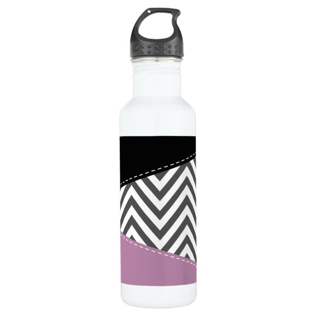 Botella De Agua Gris Zigzag, Gris Chevron, Zigzag Pattern, Púrpura (Anverso)