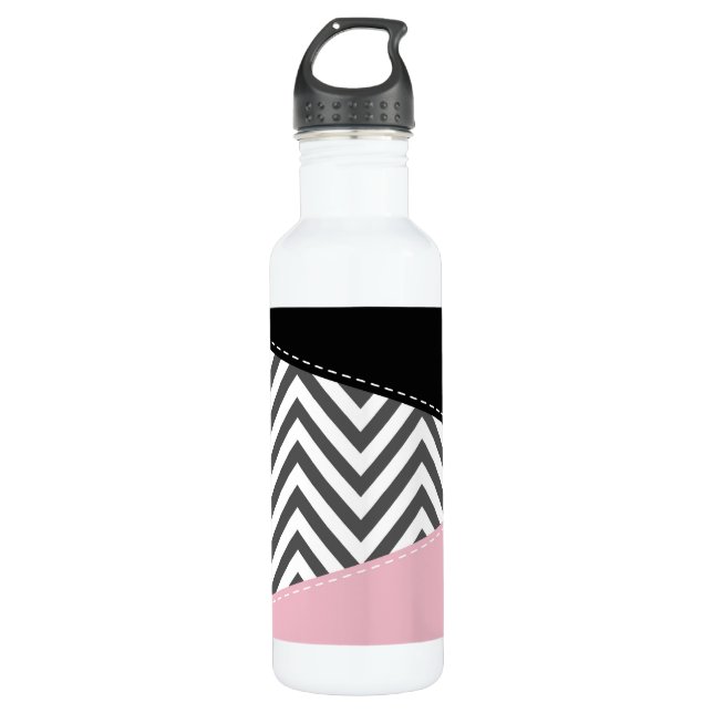 Botella De Agua Gris Zigzag, Gris Chevron, Zigzag Pattern, Rosa (Anverso)