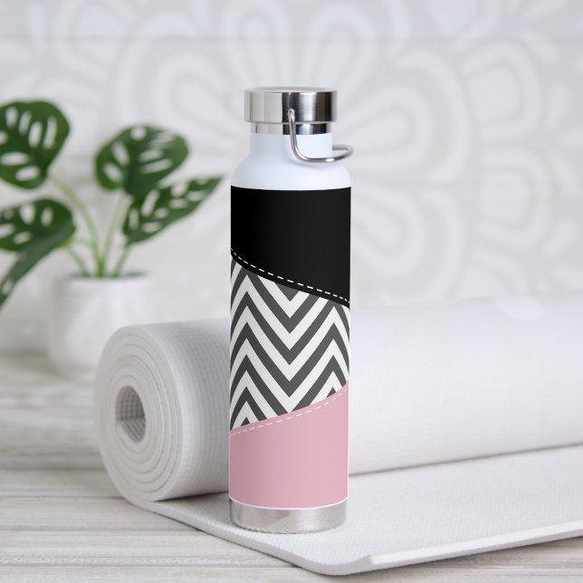 Botella De Agua Gris Zigzag, Gris Chevron, Zigzag Pattern, Rosa (Yoga)