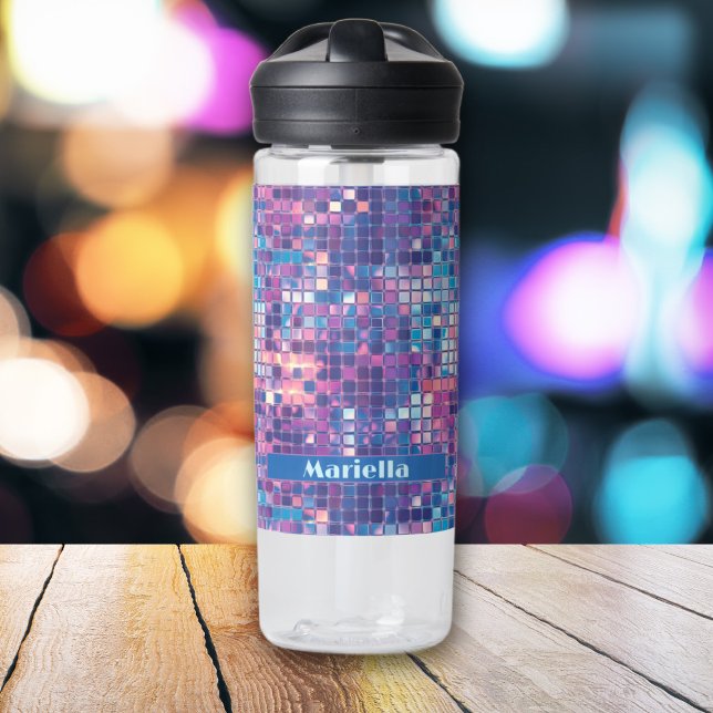 Botella De Agua Groovy Blue & Purple Disco Ball Personalizado (Groovy Blue & Purple Disco Ball Personalized Water Bottle)
