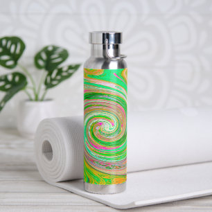 Botella De Agua Groovy Resumen Retro Green y Hot Pink Swirl