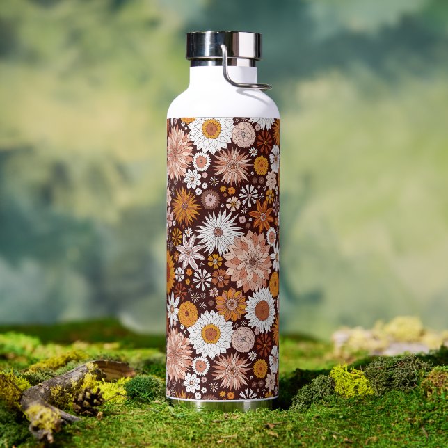 Botella De Agua Groovy Retro Flower Garden Pattern (Exterior)