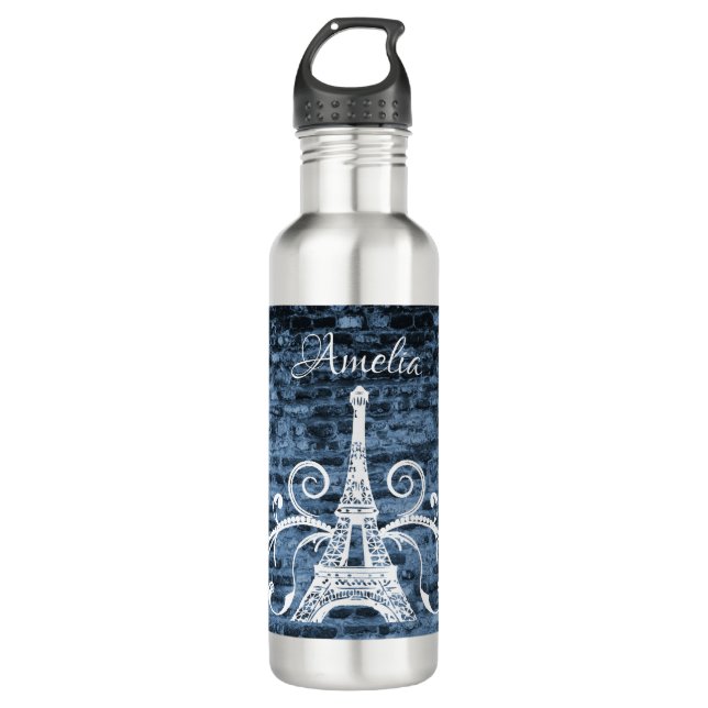 Botella de agua Grunge de la Torre Eiffel Azul (Anverso)