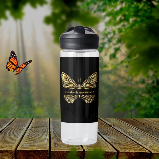Botella De Agua Guión de nombre de oro negro de mariposa (Subido por el creador)