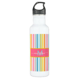 Botella De Agua Guión monograma de franjas arcoiris de verano