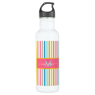 Botella De Agua Guión monograma de franjas arcoiris de verano