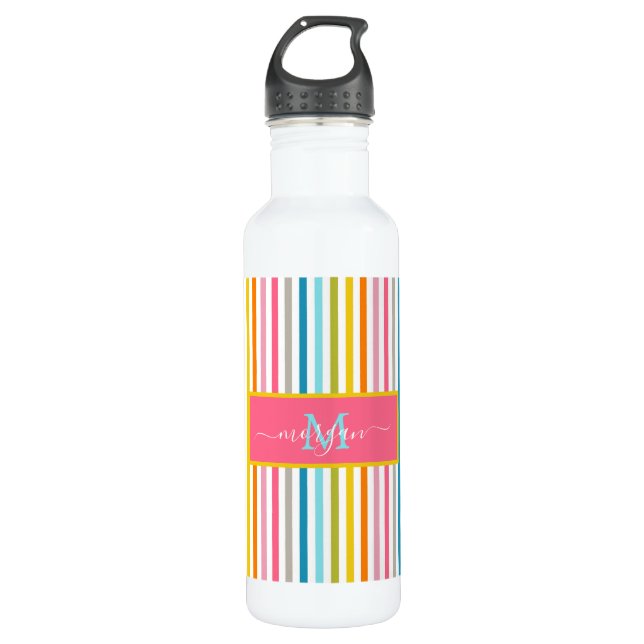 Botella De Agua Guión monograma de franjas arcoiris de verano (Anverso)