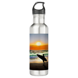 Botella De Agua Guy on Beach con Surf Board Sunset