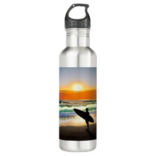 Botella De Agua Guy on Beach con Surf Board Sunset