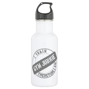 Botella De Agua GYM JUNKIE. ENTRENO POR LO TANTO, SOY gris.