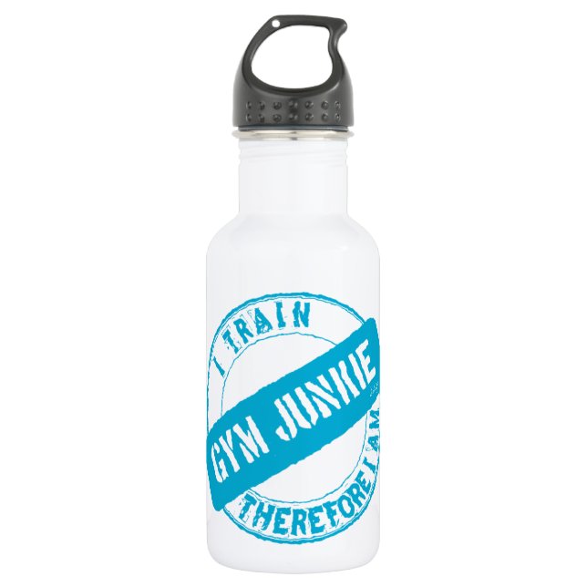 Botella De Agua GYM JUNKIE. ENTRETENGO POR LO TANTO SOY. azul clar (Anverso)