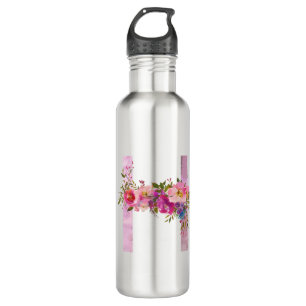 Botella De Agua H, Monograma floral inicial, flor acuarela