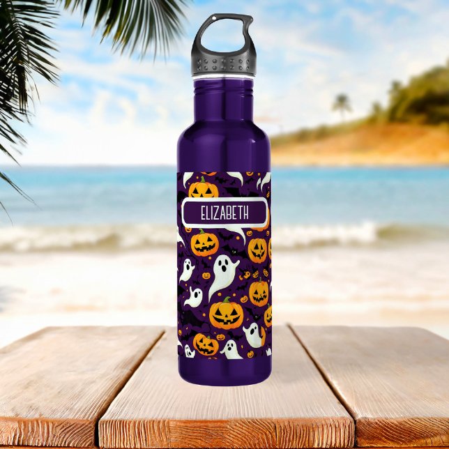 Botella De Agua Halloween Bats Trompecabezas Patrón Boo Escuela Pu (Halloween Bats Pumpkin Boo Pattern Purple school Stainless Steel Water Bottle)