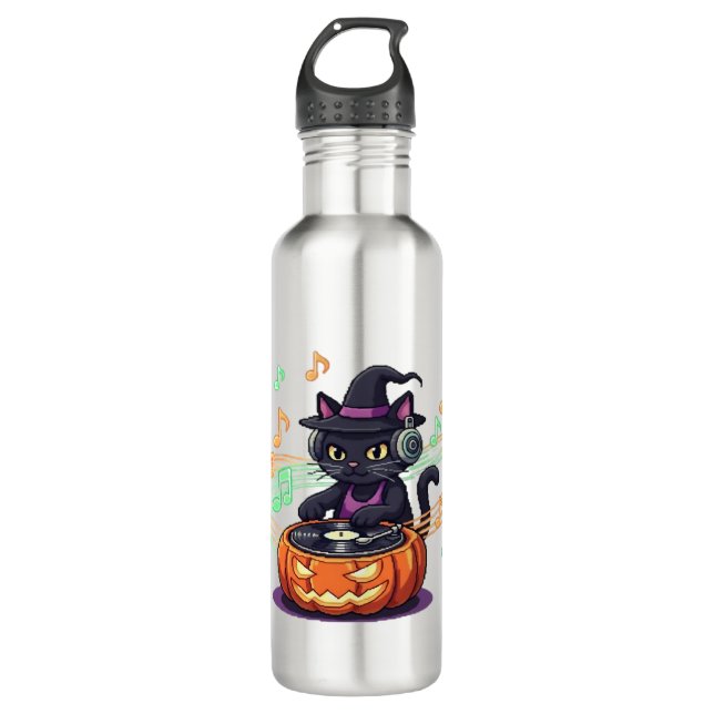 Botella De Agua Halloween del gato Dj camiseta sobredimensionada (Anverso)