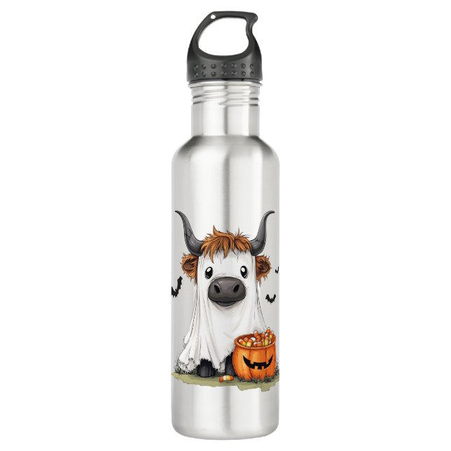 Botella De Agua Halloween Ghost Highland Cow PNG (Anverso)