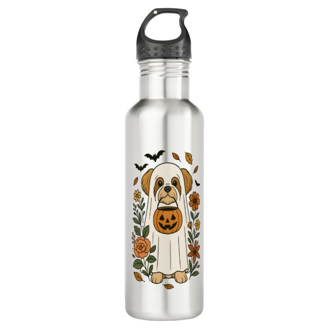 Botella De Agua Halloween Shih Tzu con flores de otoño (Anverso)