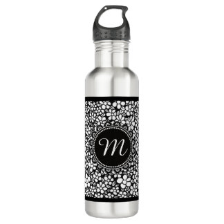 Botella De Agua Hand Drawn Black and White Flower Pattern Monogram