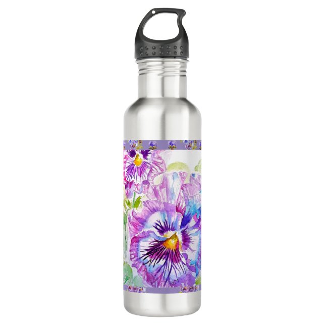 Botella De Agua Hand Painted Purple Pansy Pansies floral (Anverso)
