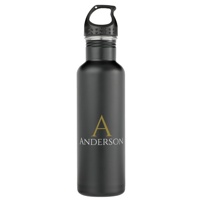 Botella De Agua Handsome Black Modern Gold Monograma Inicial (Anverso)