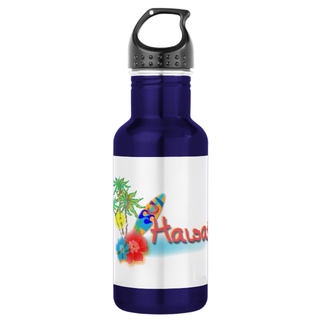 Botella De Agua Hawaii con palmeras, flores y tablas de surf (Anverso)