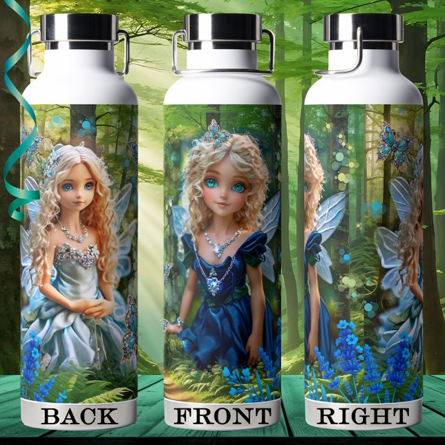 Botella De Agua Hermosa mariposa del bosque de hadas (Water bottle featuring a girly illustration of fairies in an enchanted forest with butterflies)