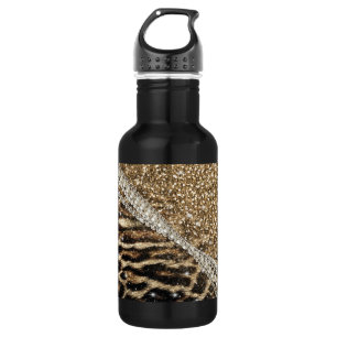 Botella De Agua Hermosa Moda Girly Leopard Print Gold Purpurina