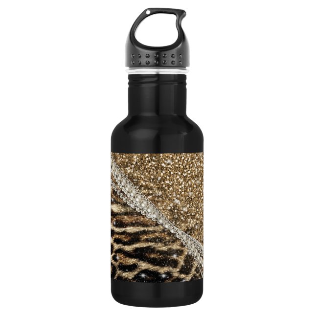 Botella De Agua Hermosa Moda Girly Leopard Print Gold Purpurina (Anverso)